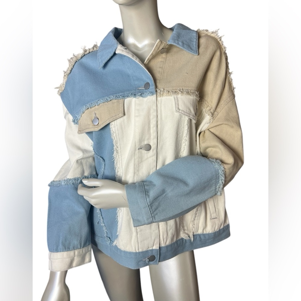 POL brand Blue Tan Cream Denim Distressed Long Sleeve Jacket New - Picture 6 of 6